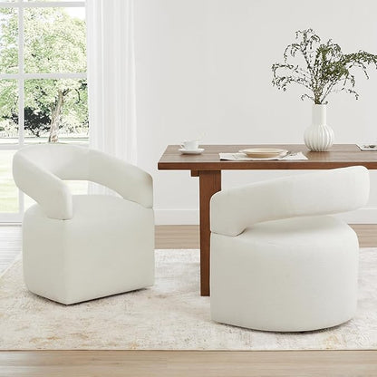 Upholstered Dining Chairs with Removable Casters Barrel Side Armchair with Rollers for Diningroom Bedroom Livingroom Reading Room, Ivory, 2PCS
