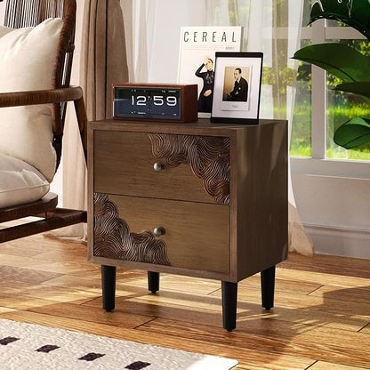 COSIEST Nightstand Set of 2, Mid Century Modern End Table with 2 Storage Drawers, Accent Side Table, Vintage Wood Luxury Night Stand for Bedroom, Living Room, Walnut