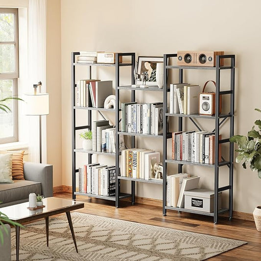 SUPERJARE Triple 4 Tier Bookshelf, Bookcase with 11 Open Display Shelves, Wide Book Shelf Book Case for Home & Office, Grey