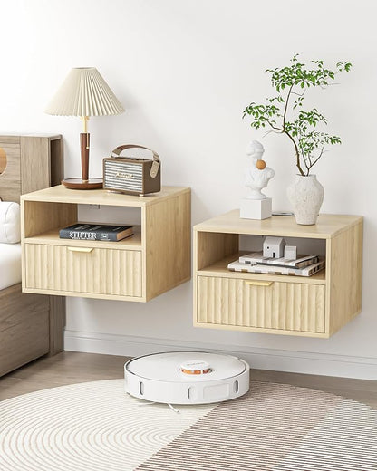 Floating Nightstand Set of 2 - Fluted Night Stand with Charging Station Wood Wall Mounted Nightstand with Drawer & Open Shelf, Modern Bedside Table Large End Table for Bedroom Closet