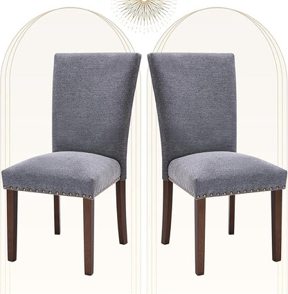 COLAMY Upholstered Parsons Dining Chairs Set of 2, Fabric Dining Room Kitchen Side Chair with Nailhead Trim and Wood Legs - Dark Grey