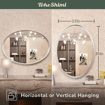 TokeShimi Oval Mirrors for Wall Decor 22x30 Inch with Non-Rusting Aluminum Alloy Brushed Silver Matte Framed Wall Mounted for Bathroom, Entryway, Living Room, Bedroom,Vanity or Horizontal