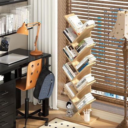 10 Tier Tree Book Shelf, Floor Standing Wood Bookshelf for Narrow Space, Storage Organizer Bookshelves for Books/CDs/Magazine, Bookcase with Shelves for Home Office, Living Room - Natural