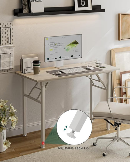 Frylr Small Folding Computer Desk – 43.3 Inch Portable Table for Craft and Study, Lightweight Desk for Small Spaces, Foldable Laptop Table Built-in AC/USB Outlets for Convenience, White Ash