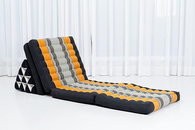 Leewadee Comfortable Japanese Floor Mattress - Thai Floor Bed with Triangle Cushion - Futon Mattress - XL Extra Long Thai Massage Mat, 89 x 20 inches, Black Orange, Kapok Filling