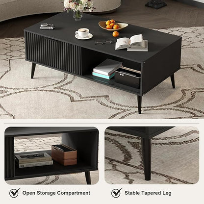 41.34''D Coffee Table, 2-Tiers Farmhouse Coffee Tables With Storage and Sliding Wave Pattern Door, Modren Tea Table, Wooden Dining Center Tables for Living Room, Office, Bedroom, Outdoors, Black