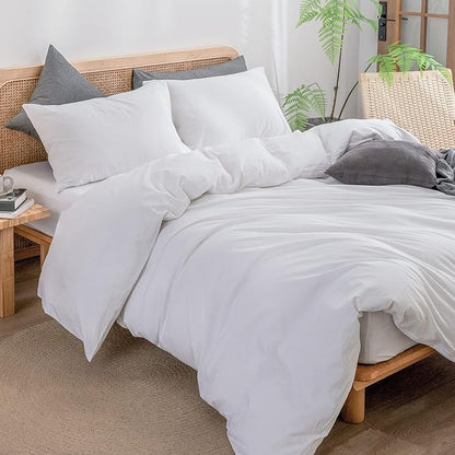 BESTOUCH Duvet Cover Set 100% Washed Cotton Linen Feel Super Soft Comfortable Chic Lightweight 3 PCs Home Bedding Set Solid Bright White Full/Double