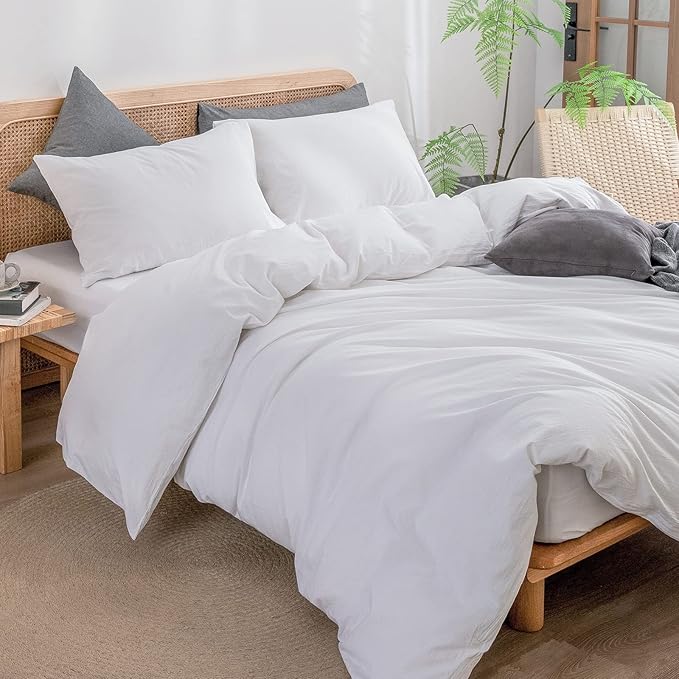 BESTOUCH Duvet Cover Set 100% Washed Cotton Linen Feel Super Soft Comfortable Chic Lightweight 3 PCs Home Bedding Set Solid Bright White Oversized Queen