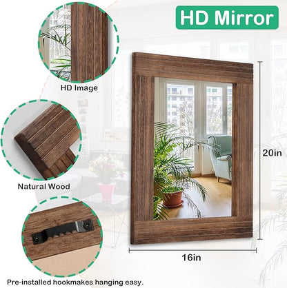 Wood Mirror Rectangular Framed Rustic Vintage Mirrors Decor Farmhouse Bedroom Bathroom Mirror for Dressing Table Entrance Large 20"x16" Brown