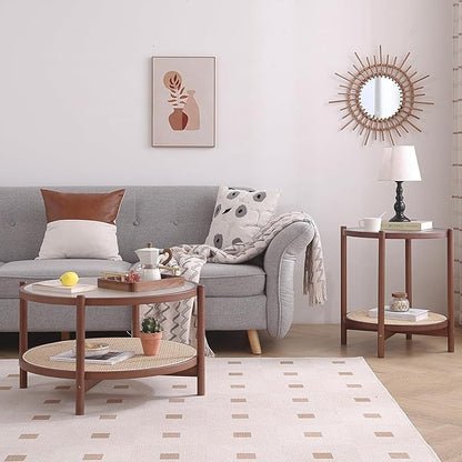 Tiita Rattan Coffee Table, Round End Table, 2-Tier Modern Side Table, Small Bamboo Living Room Side Table, Glass Sofa End Table for Balcony and Office Outdoor/Indoor (Walnut)