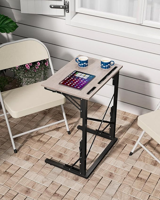 21''Wx28''H Folding TV Tray for Eating, Small Foldable C-Shaped Tray Table with Tablet and Phone Slots, Slide Under Couch Side Table for Recliner, Living Room, Bedroom, Greige