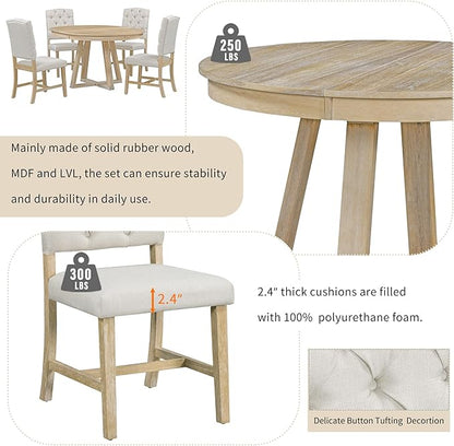 Ball & Cast 5 Piece Dining Table Set with 4 Upholstered Chairs,Living Room Furniture W/ 42" Table,Tabletop Can be Adjusted from Round to Oval in Shape,for Restaurant,Home Bistro,Natural