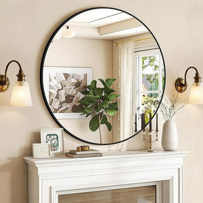 Round Mirror Black Frame 28 Inch Mirror Living Room Round Bathroom Mirrors Frosted Metal Frame Anti-Rust Tempered Glass for Bathroom Living Room Decorative