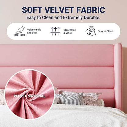 Allewie Full Size Platform Bed Frame with Velvet Upholstered Wingback Headboard, No Box Spring Needed, Under Bed Storage Space, Strong Wooden Slats, Modern Mattress Foundation, Easy Assembly, Pink