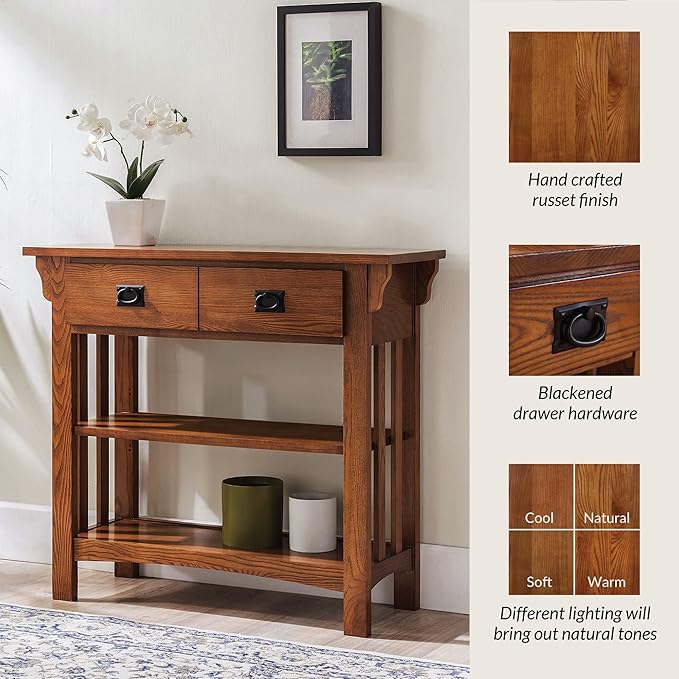 Leick Home 8261 Mission Bookcase Console Table with Drawers, Made with Solid Wood, for Living Room, Entry Way, Office, Bedrooms, Russet Finish