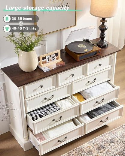 Farmhouse 9 Drawers Dresser for Bedroom with Charging Station, 54" Wide Wood Country Rustic Storage Dressers Organizer, Vintage Design Chest of Drawers TV Stand, Antique White