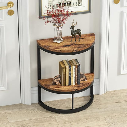 Tribesigns End Table Semi Circle, Small Half Round Side Table with Storage Shelf, Wood Accent Table Slim C Table for Sofa Couch, Living Room, Bedroom, Easy Assembly (Rustic Brown & Black, 2-Tier)