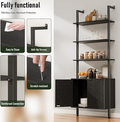 74" Tall Bookshelf with Storage Cabinet, Modern Ladder Shelf with Wood and Metal Frame, Wall Mount Bookcase Open Display Shelf Furniture for Living Room, Bedroom, Home Office，Black
