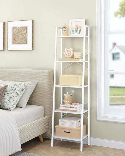 Ladder Shelf, Bookshelf Bookcase, Freestanding Corner Storage Shelve with 2 Hooks for Home Office, Living Room, Kitchen, Bedroom, Industrial, 5-Tier White BC19213W