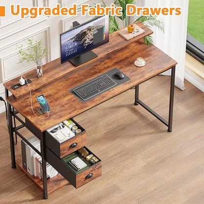 55 Inch Computer Desk with Power Outlets & LED Lights, Home Office Desk with Storage Drawers and Monitor Stand, Writing Work Study Desk for Bedroom Living Room