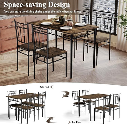 5 Piece Dining Table Set, Modern Metal&Wood Kitchen Dinner Table with 4 Chairs, Dining Room Table Sets for Small Spaces, Brown