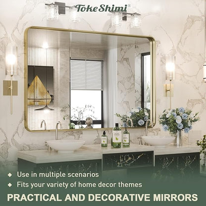 TokeShimi Gold Bathroom Mirror for Wall 40 x 30 Inch Rounded Corner Rectangle in Aluminum Alloy Metal Frame Deep Set Design Hangs Horizontal Or Vertical Farmhouse