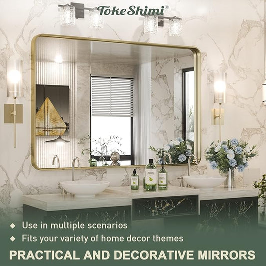 TokeShimi Gold Bathroom Mirror for Wall 40 x 30 Inch Rounded Corner Rectangle in Aluminum Alloy Metal Frame Deep Set Design Hangs Horizontal Or Vertical Farmhouse