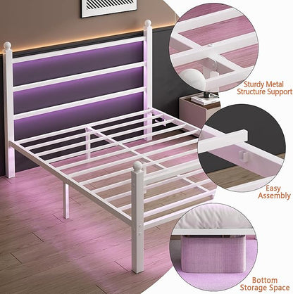 Twin Bed Frame with Headboard and Footboard,Steel Slats Support-LED Bed Frame with USB Charging Station,Mattress Foundation-Under Bed Storage,No Box Spring Needed,Noise Free,White