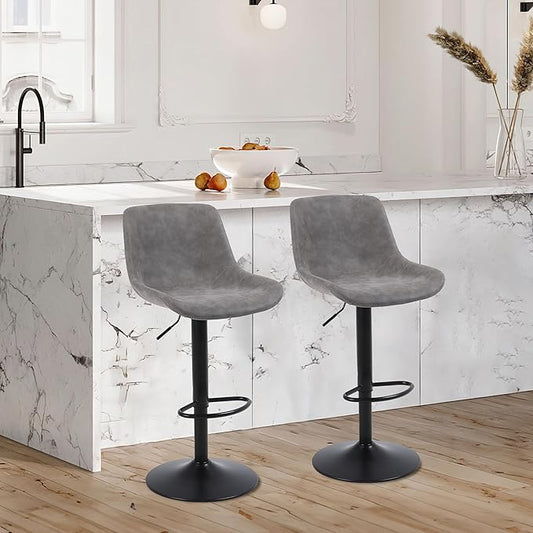 Bar Stools, Swivel Counter Height Barstools with Back, Adjustable Modern Bar Chairs, Tall Armless PU Leather Kitchen Island Stool (Grey, Set of 2)