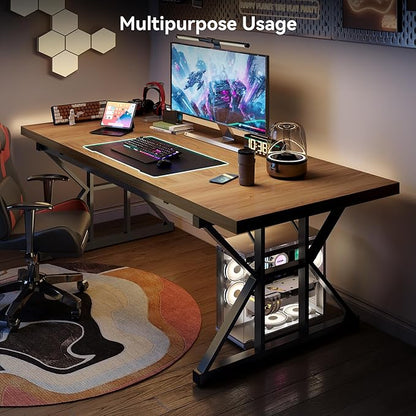 LITTLE TREE 70.8-Inch Large Executive Desk, Modern Computer Office Desk, Wooden Writing Desk Study Table for Home Office, Light Walnut-Black