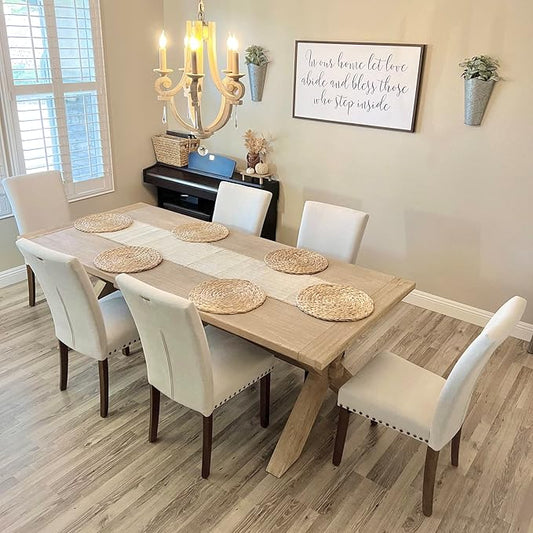 COLAMY Upholstered Fabric Dining Chairs Set of 6, High Back Padded Chairs w/Nailed Trim & Solid Wood Legs, Classic Parsons Chairs Side Chair for Home/Kitchen/Living Room-Beige (A420-BEIGE-6pcs)