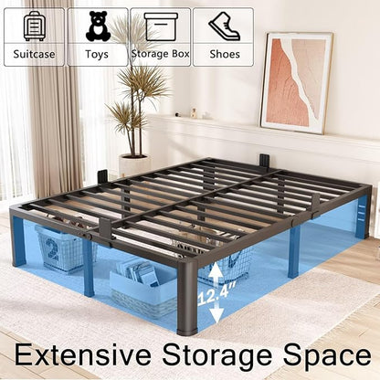 14 Inch California King Bed Frame with Rounded Corner and Headboard Hole Mattress Retainers 3500 LBS Metal Heavy Duty Steel Slats Support No Box Spring Needed Platform Noise Free Easy Assembly