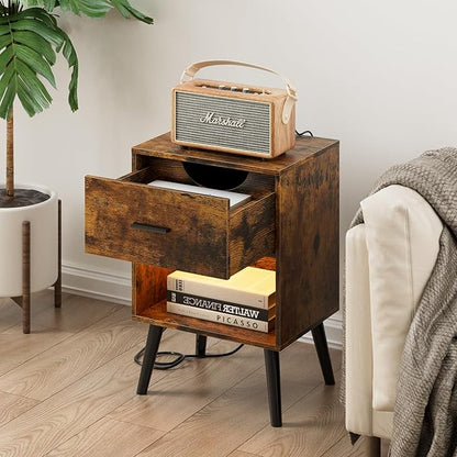 Nightstand with Charging Station and LED Lights, Small Side Table, Bedside Table with Drawer, Modern Night Stand, End Table for Bedroom, Living Room (Rustic Brown)