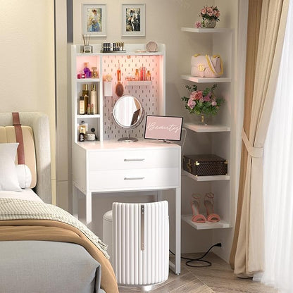 Small Vanity Desk with Hutch and Drawers, White Makeup Vanity Desk with Charging Station, Vanity Table Dressing Table with LED Lights, Vanity Desk No Mirror with Pegboard for Girls Women, 24"