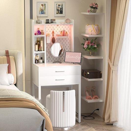 Small Vanity Desk with Hutch and Drawers, White Makeup Vanity Desk with Charging Station, Vanity Table Dressing Table with LED Lights, Vanity Desk No Mirror with Pegboard for Girls Women, 24"
