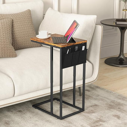 C Shaped End Table for Couch, Small Side Table for Sofa With Storage Bag, TV Tray for Living Room, Bedside Table for Bedroom, Snack End Table, Brown