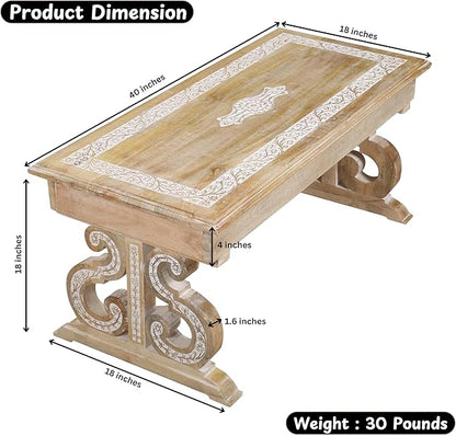 Lightnpro Mango Wood Rectangular Coffee Table - Living Room Center Table, Rustic Vintage Charm, Eco-Friendly Furniture, Reclaimed Wood - 40x18 Inch White Wash Finish