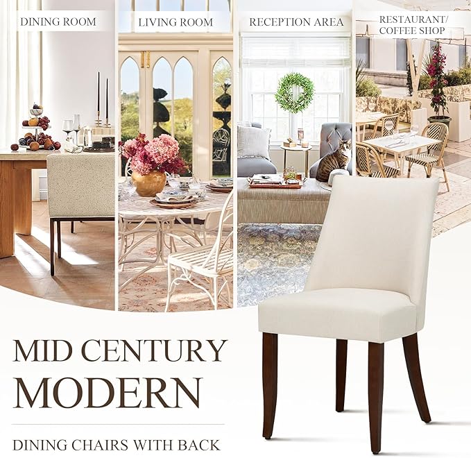 COLAMY Upholstered Dining Chairs Set of 2, Mid Century Modern Kitchen Chairs with Back, Farmhouse Fabric Side Dining Room Chairs with Wood Legs for Dining Room Restaurant, Beige