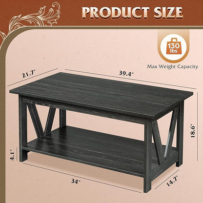 WLIVE Coffee Table with Storage Shelf, 39.4" Farmhouse Coffee Table with V-Frame Support, 2-Tier Wood Rustic Center Table for Living Room, Bedroom & Balcony, Charcoal Black