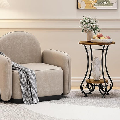 X-cosrack End Table, Round Side Table for Small Spaces, Coffee Tea Table Nightstand Home Decor for Living Room Balcony Bedroom Office,Rustic Brown & Black,15.75" L x 15.75" W x 24.0" H