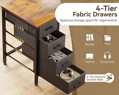 Casaottima 40-Inch Small Desk with 4 Fabric Drawers, Compact Study Desk for Students and Kids, Space-Saving Work Table for Bedroom or Small Spaces, Vintage