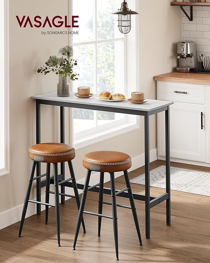 VASAGLE Bar Table, Narrow Long Kitchen Dining Table, Sturdy Metal Frame, Industrial, 15.7 x 39.4 x 35.4 Inches, Rustic White and Ink Black ULBT010B73