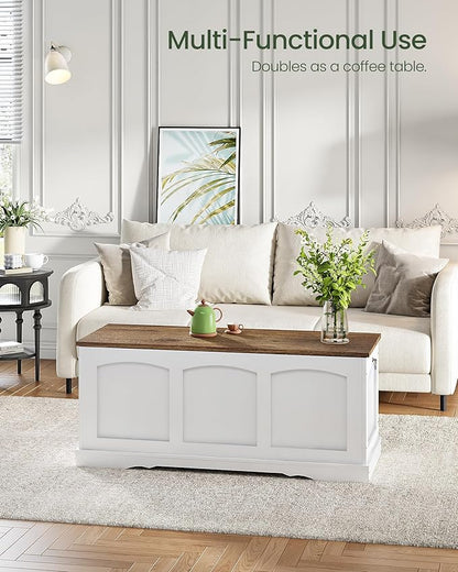 39.4" Storage Chest Bench with Lift Lid, Toy Chest with Safety Hinge, Entryway Shoe Bench, Wooden Storage Trunk, Holds up to 220 lb, for Living Room, Bedroom, Hall, White and Walnut MCW12WL