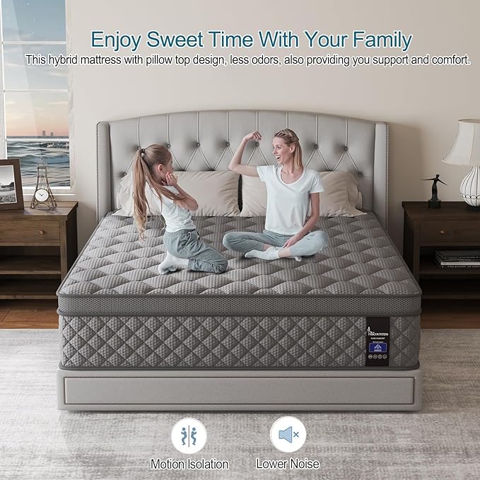 Twin Mattress, 12 Inch Hybrid Mattresses Grey, Euro Top Mattress Medium Firm for Back & Lumbar Support, Individual Pocket Spring Bed for Motion Isolation & Pressure Relief