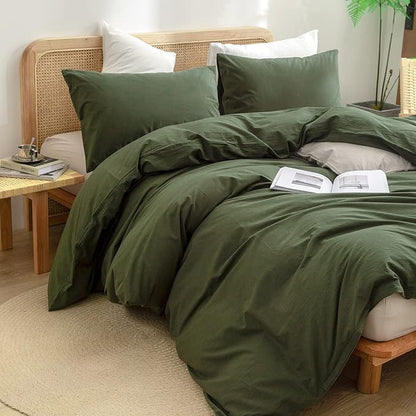 BESTOUCH Duvet Cover Set 100% Washed Cotton Linen Feel Super Soft Comfortable Chic Lightweight 3 PCs Home Bedding Set Olive Green King