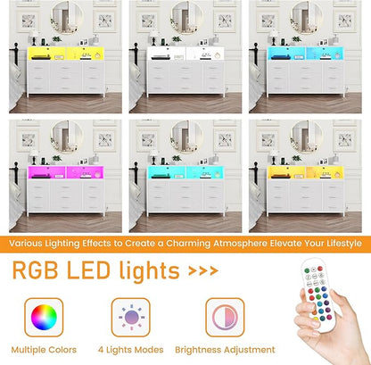 White Dresser for Bedroom, Led Dresser TV Stand with Power Outlets and LED Lights, Long Fabric Dressers Wide Chest of Drawers with Large Organizer for Living Room, Entryway, Hallway,White