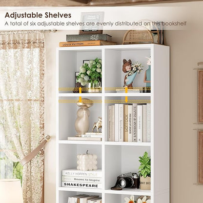FOTOSOK 71'' White Bookshelf, Double Wide Media Tower Rack CD DVD Rack Display Cabinet with Adjustable Shelves, Tall Narrow Bookcase Bookshelf for Home Office, White