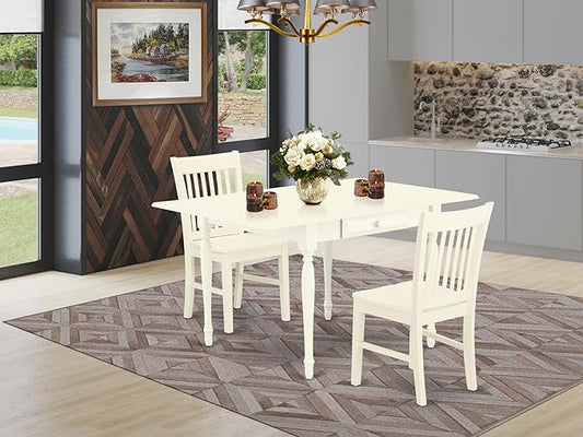 East West Furniture MZNO3-LWH-W 3 Piece Kitchen Table Set for Small Spaces Contains a Rectangle Dining Room Table with Dropleaf and 2 Solid Wood Seat Chairs, 36x54 Inch, Linen White