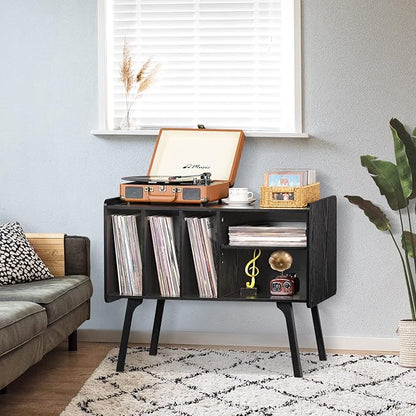 Lerliuo Record Player Stand with 4 Cabinet Holds Up to 220 Albums, Large Turntable Stand with Beech Wood Legs, Mid-Century Record Player Table,Black Vinyl Holder Storage Shelf for Bedroom Living Room