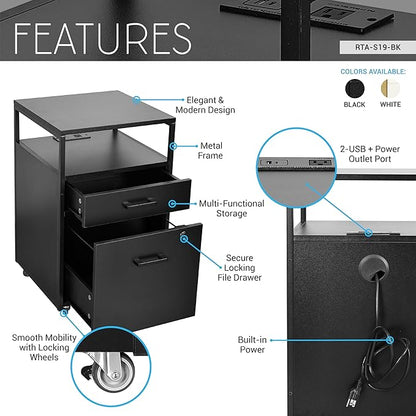 Techni Mobili Modern 2-Drawer Rolling File Cabinet with Lock, 2 USB Ports and Power Outlet for Device Charging, Portable File Organizer or Printer Stand for Office or Home with Locking Wheels, Black